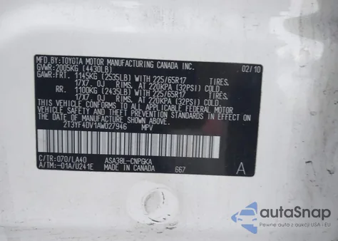 2010 Toyota Rav4 Limited z USA, uszkodzony, nr VIN 2T3YF4DV1AW027946